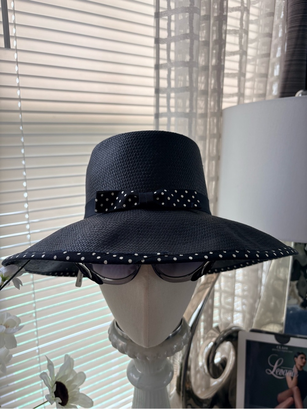 VTG Importina Black Straw Polka Dot Bow Trim Flip Brim Hat